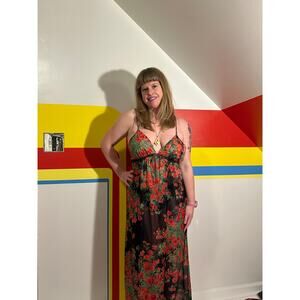 1970s vintage slip dress rose print nightgown lingerie by Yolande black red